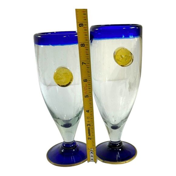 Vintage Recycled Glass Mexican Blue Rim & Gold Embellished Goblet Glasses 7" - Picture 6 of 7